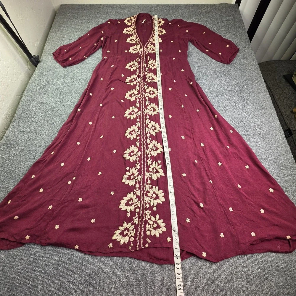 Free People Maxi Dress Womens Small Burgundy Floral Embroidered Boho V-Neck